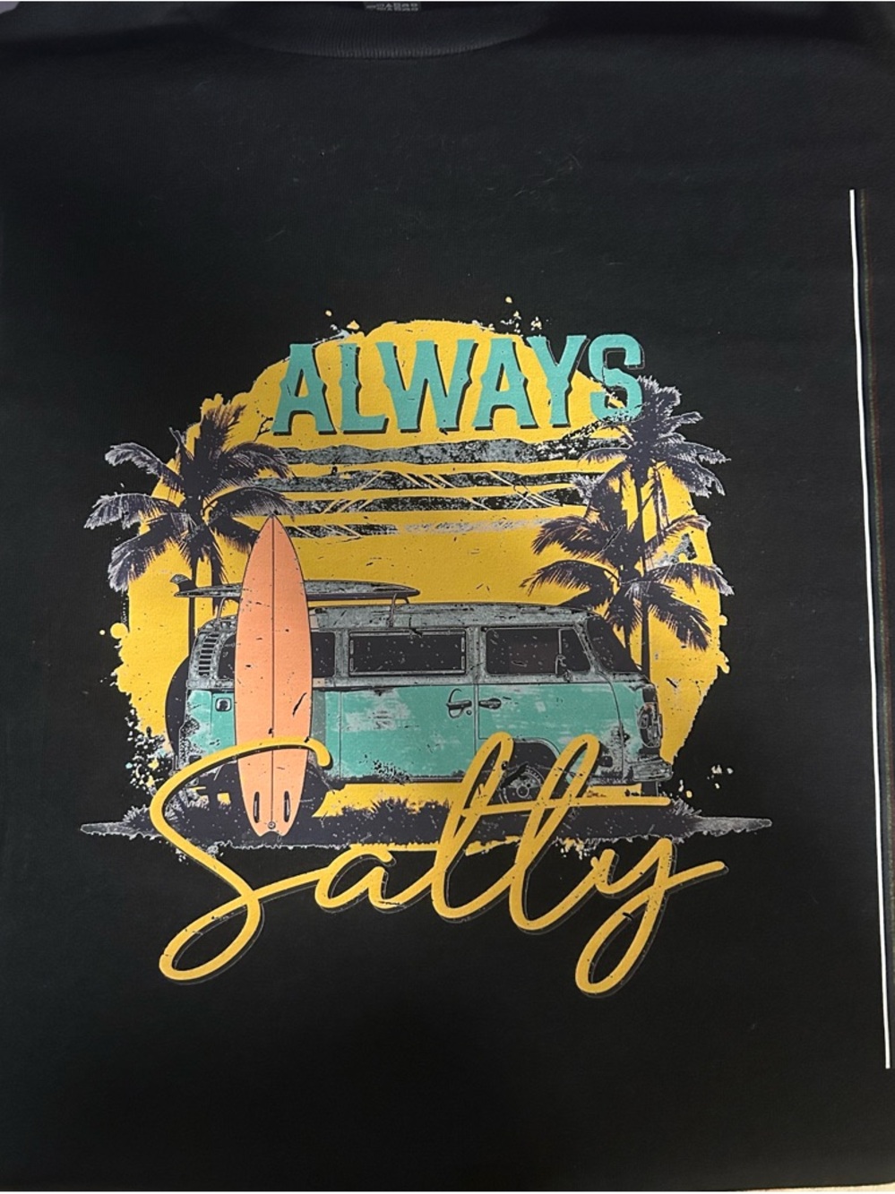 Gildan Black Tee with Teal Van, Yellow Sun & Peach Surfboard - "Always Salty"